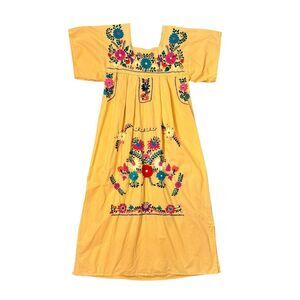 Vintage Midi Dress Oaxaca Small Orange Handmade Floral Embroidered Square Neck